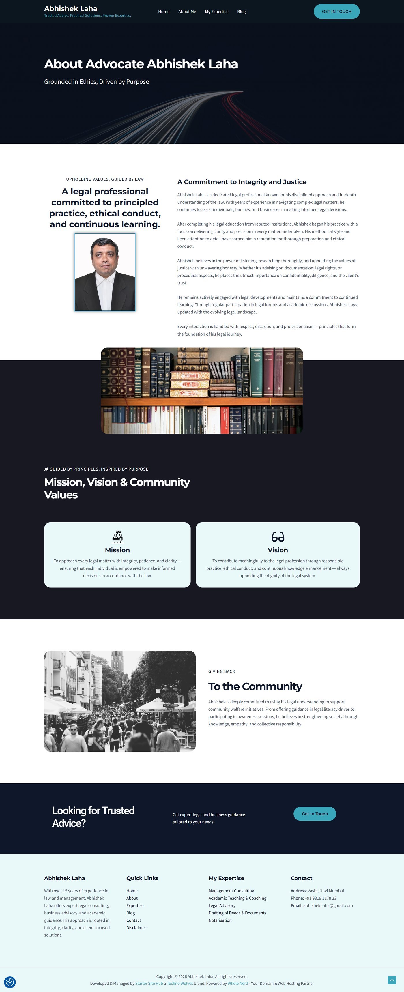 Advocate Abhishek Laha about page with mission, vision, and community values