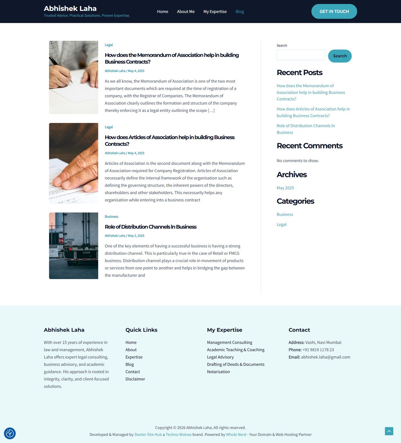 Advocate Abhishek Laha blog listing page with legal and business articles