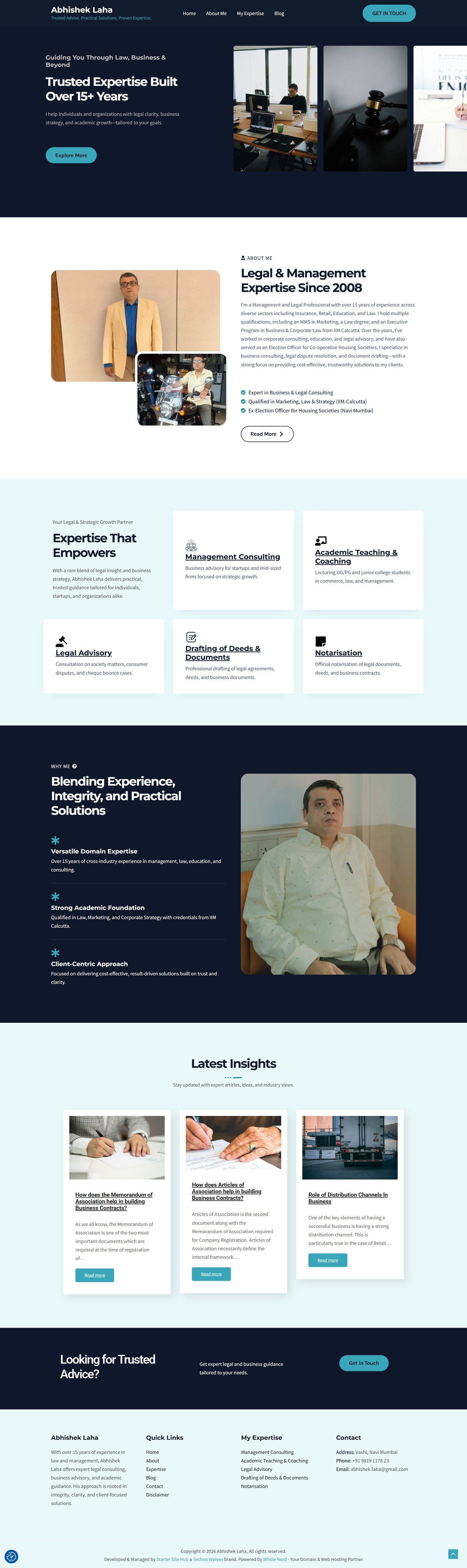 Advocate Abhishek Laha homepage showing expertise, credentials, and latest insights