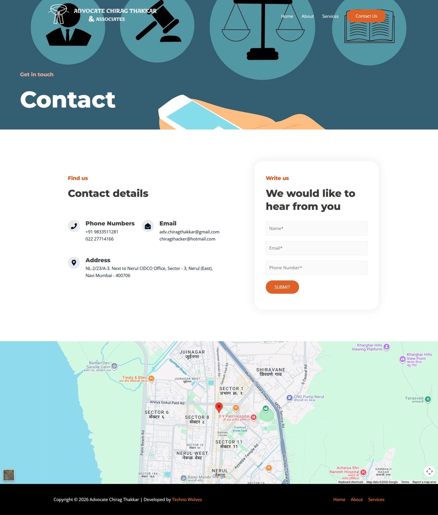Advocate Chirag Thakkar & Associates contact page with enquiry form and office map