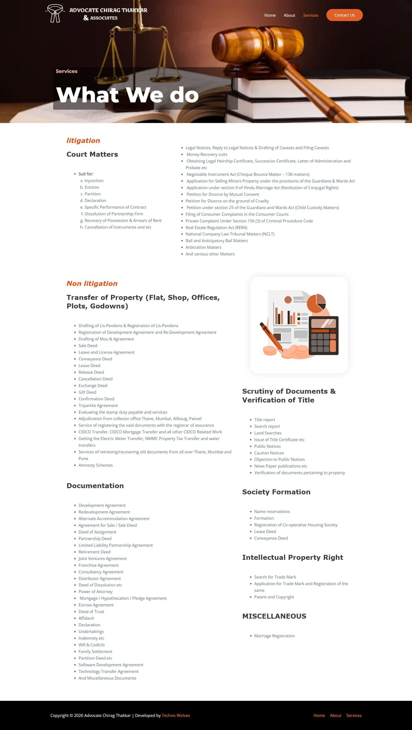 Advocate Chirag Thakkar & Associates services page listing litigation and non-litigation offerings