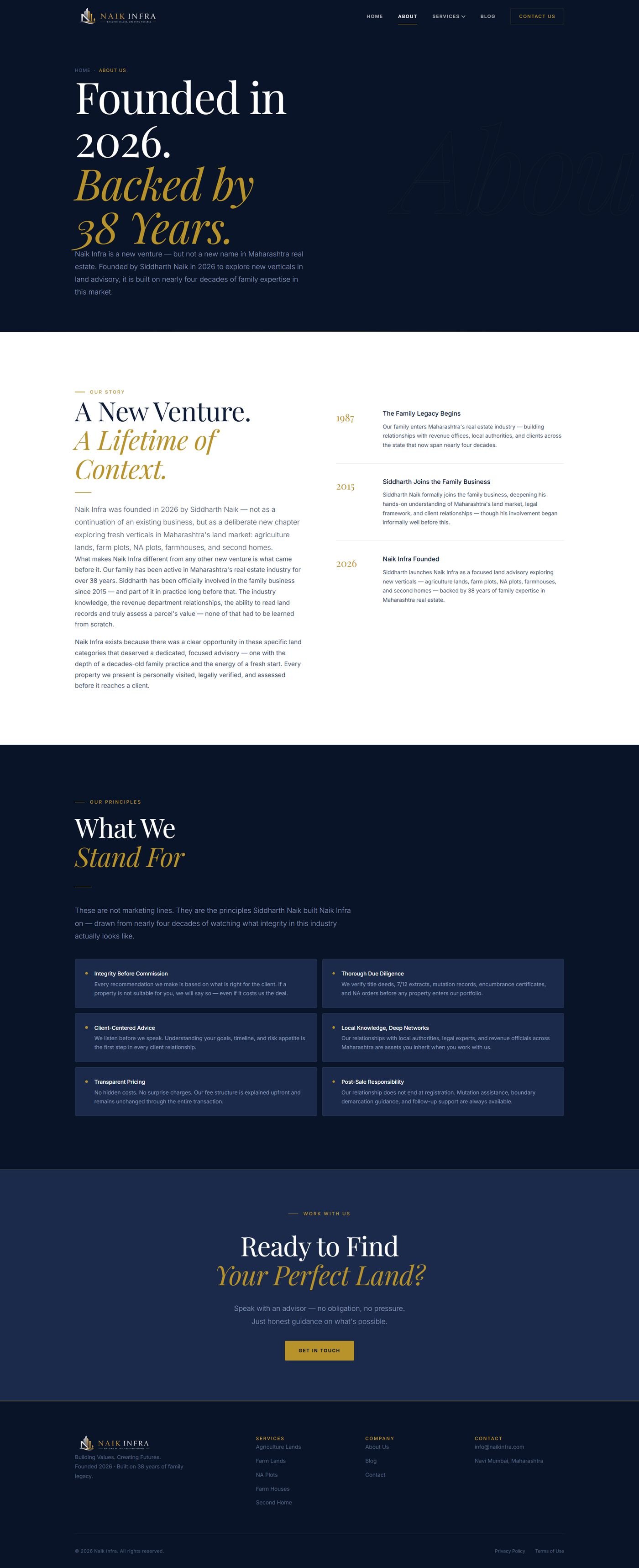Naik Infra about page showing company timeline and principles