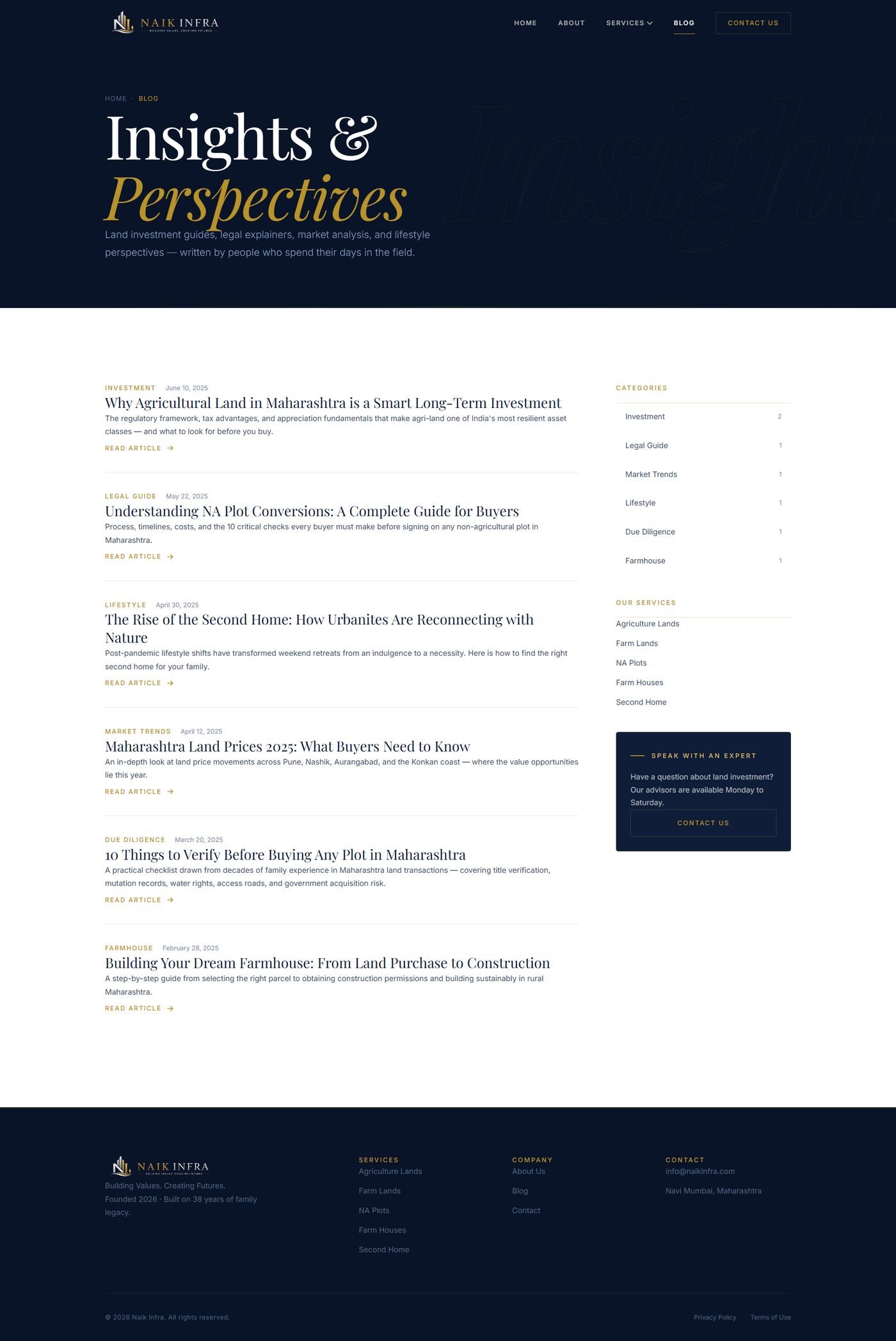 Naik Infra blog page listing investment and legal guide articles