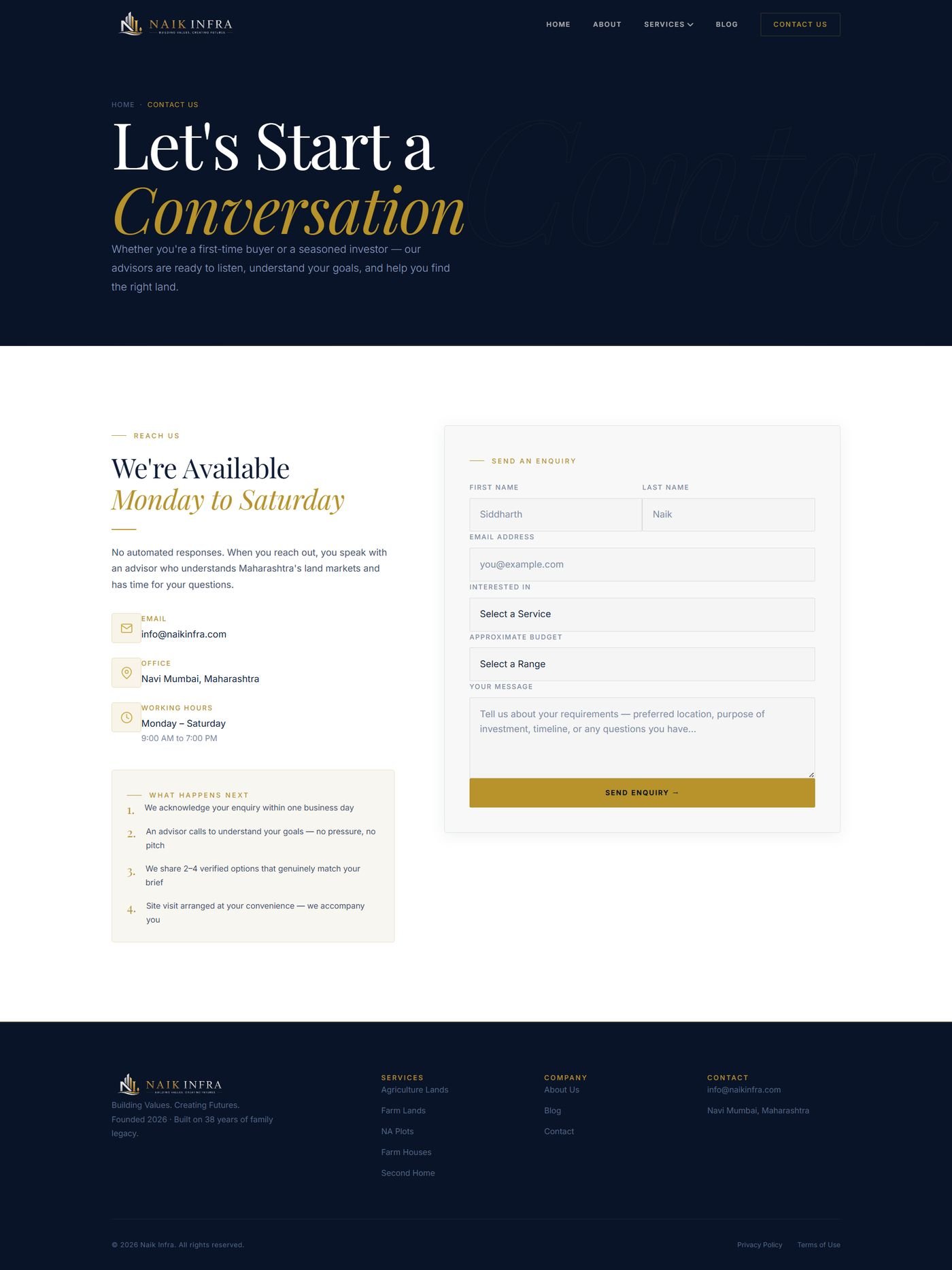 Naik Infra contact page with enquiry form and what-happens-next steps