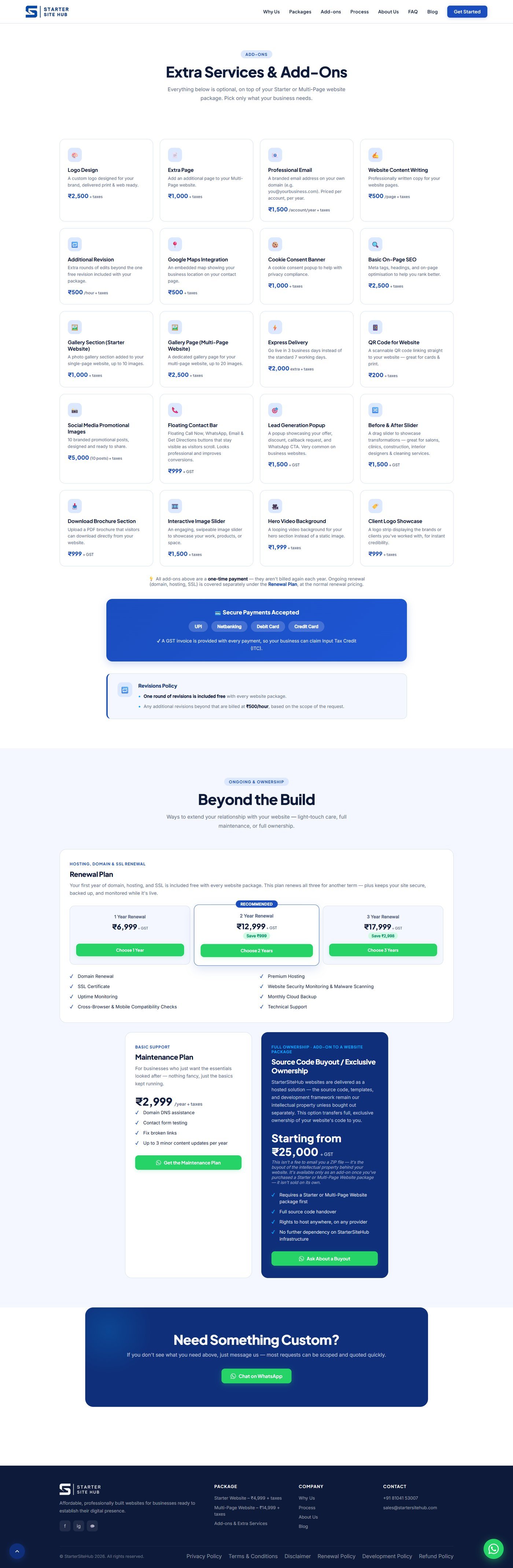 Starter Site Hub add-ons and extra services page