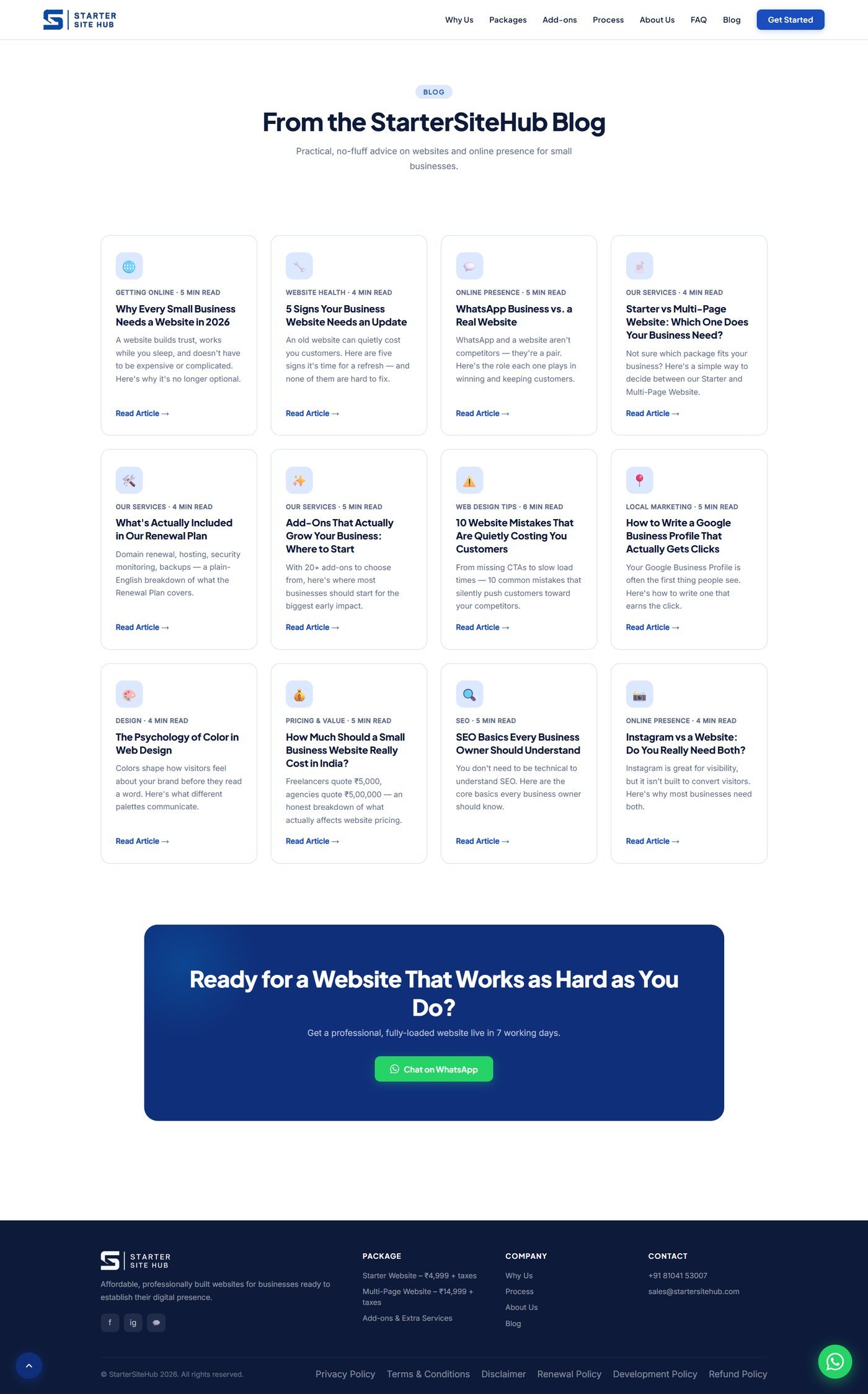 Starter Site Hub blog listing page with articles for small business owners