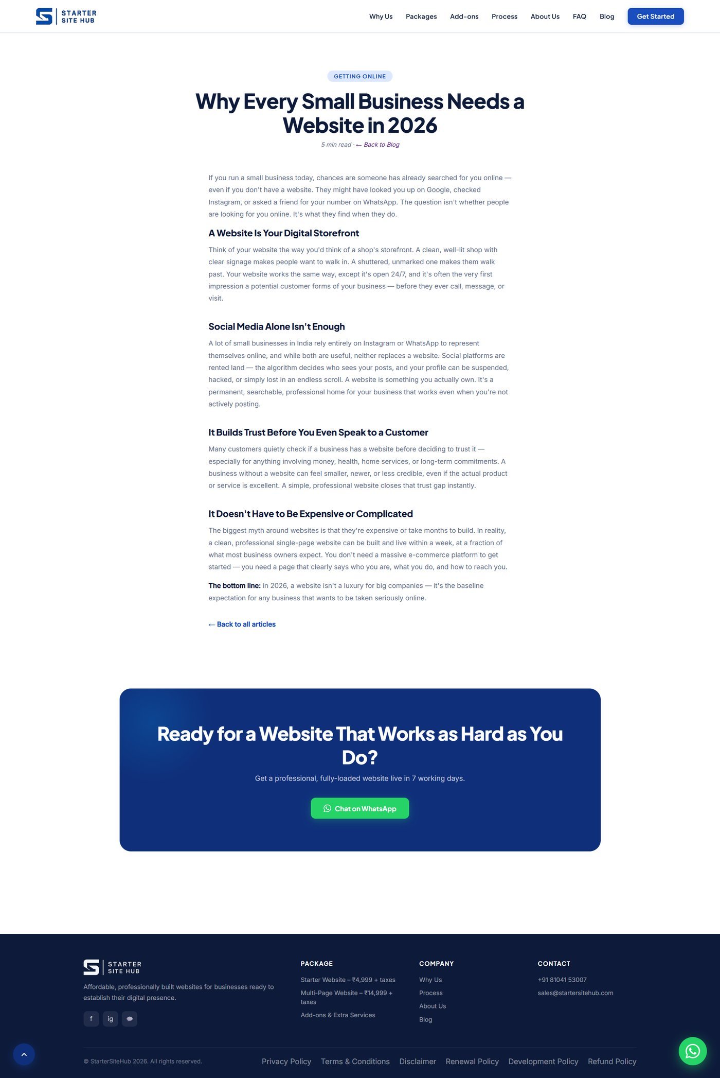 Starter Site Hub blog article: Why Every Small Business Needs a Website in 2026