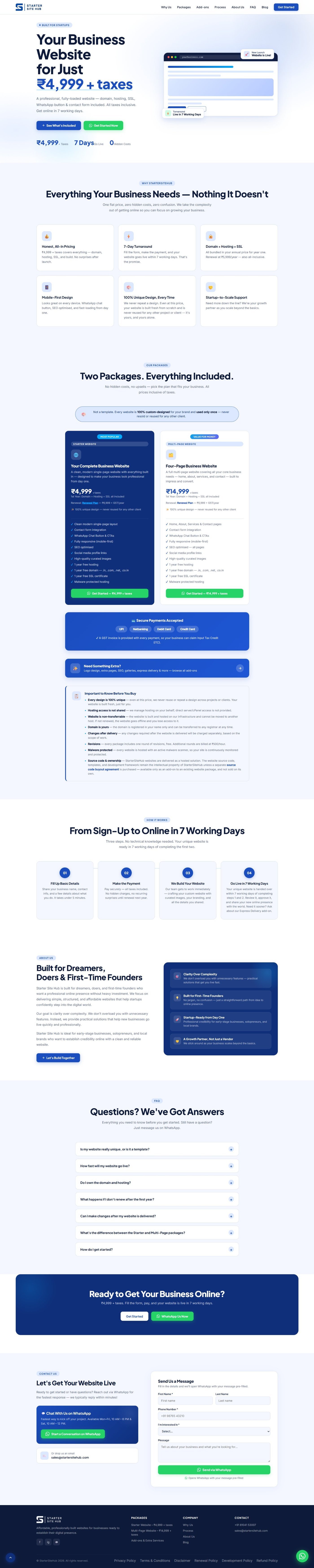Starter Site Hub homepage showing pricing, packages, and process