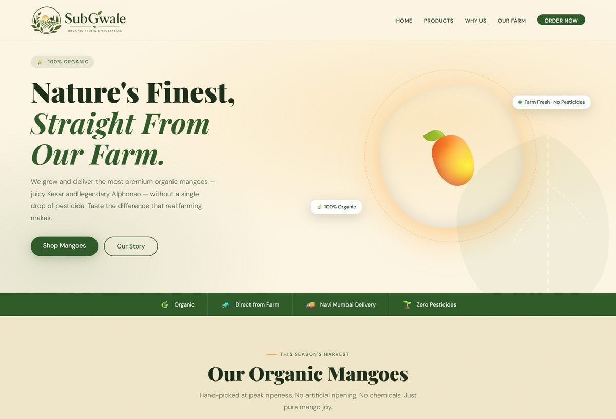SubGwale homepage — one-page organic mango website built by TechnoWolves