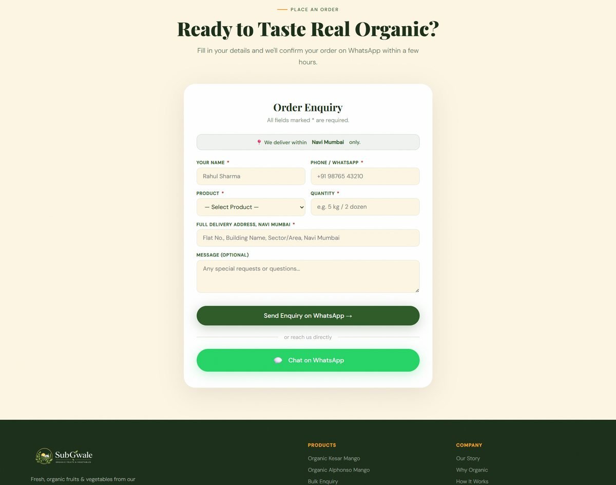 SubGwale WhatsApp order enquiry form built by TechnoWolves