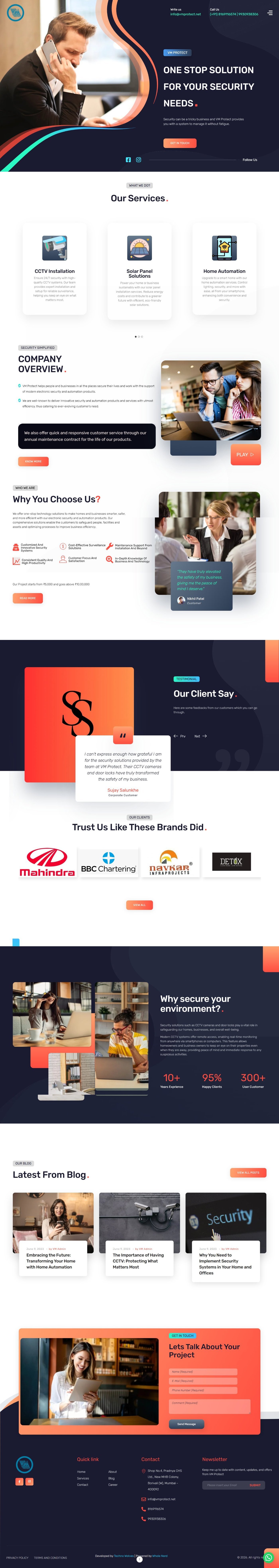 VM Protect homepage showing services, company overview, and client testimonials