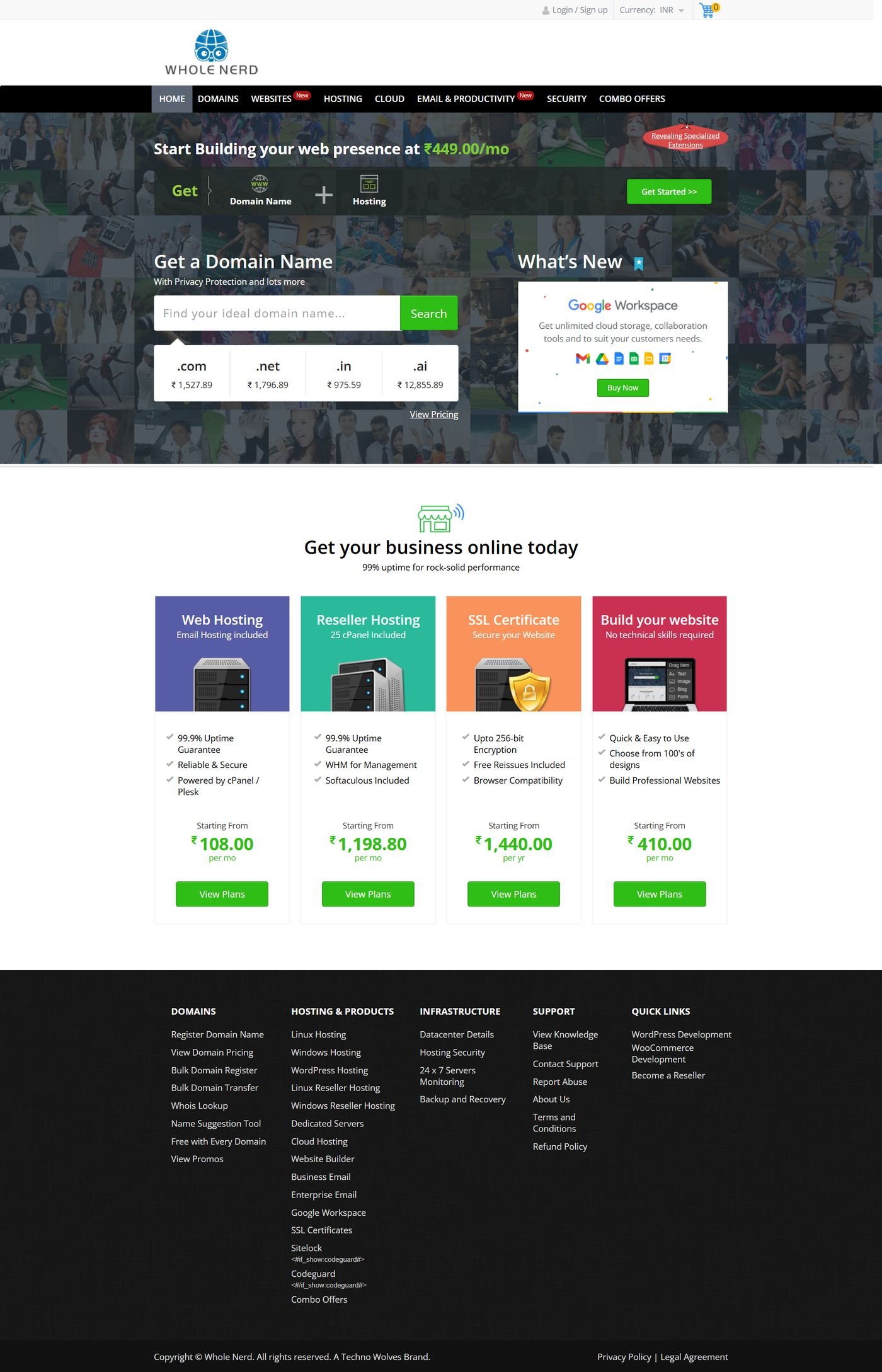 Whole Nerd homepage showing domain search and hosting products