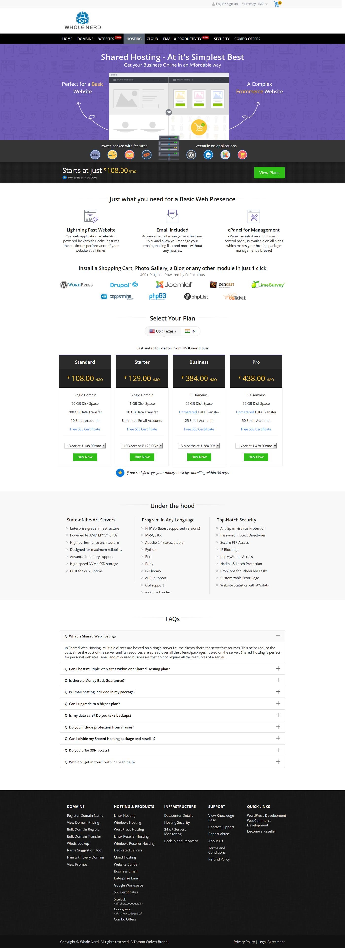 Whole Nerd shared hosting plans and pricing page